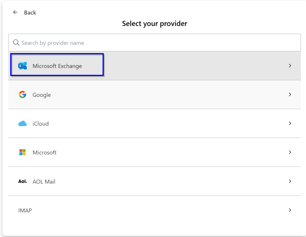 Microsoft Exchange auswählen
